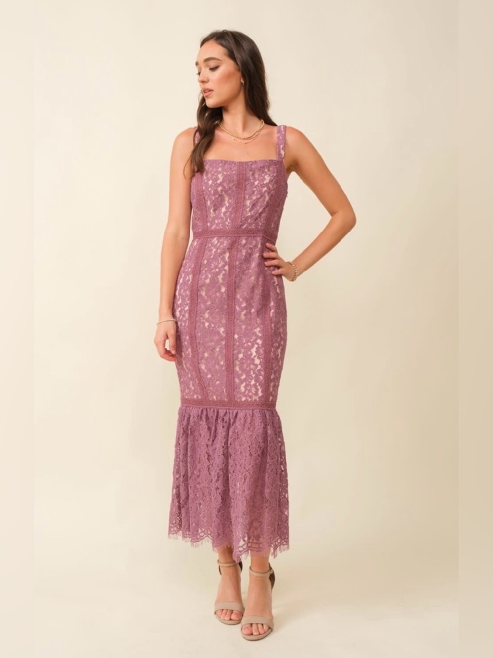 Midi Lace Mermaid Dress in Dusty Rose